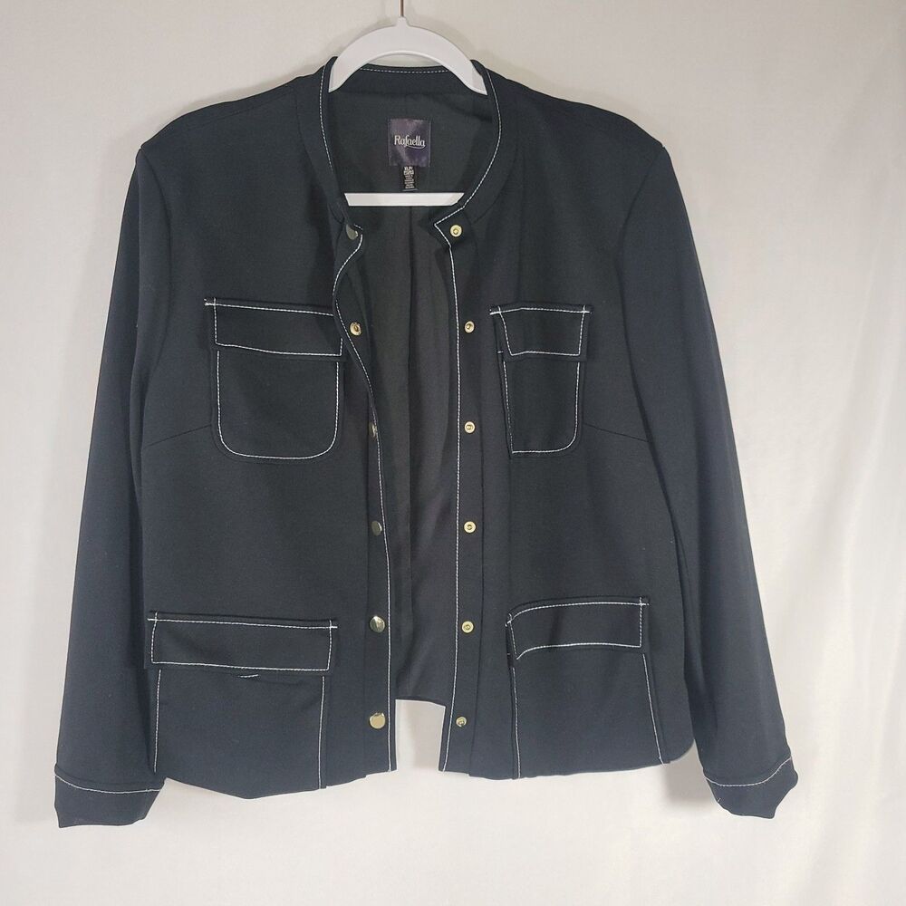 Rafaella Black Contrast Stitch Jacket Gold Buttons Plus Petite XLP Utility Work